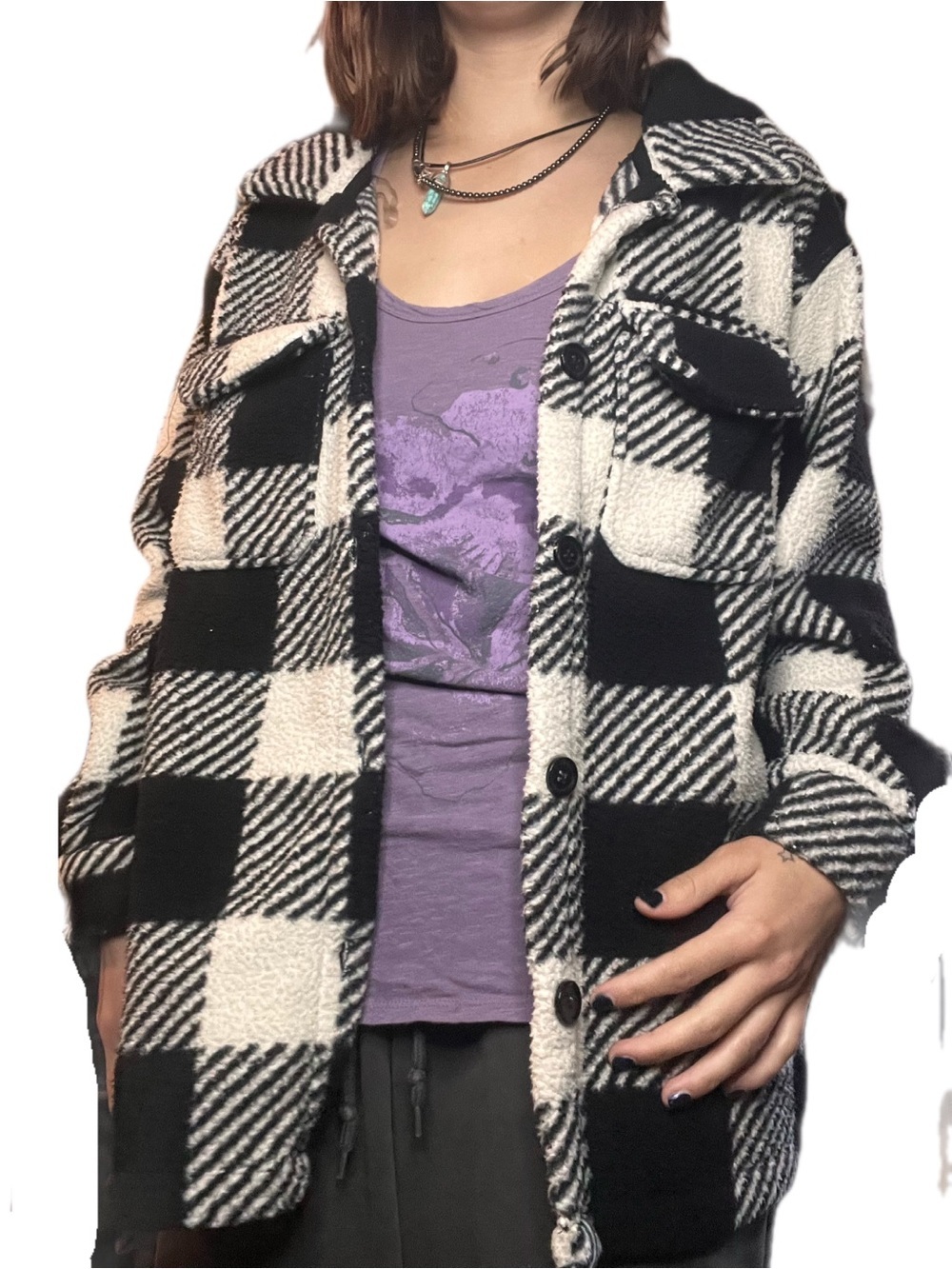 Checkerboard Teddy Jacket - Black & Cream